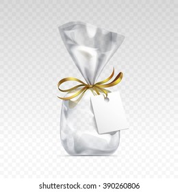 Vector Empty Transparent plastic gift bag for package design with golden ribbon and blank white label Close up Isolated on Transparent  Background