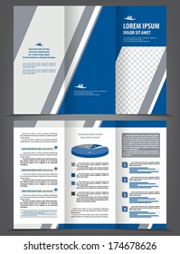 Vector empty trifold brochure print template design with blue and gray elements