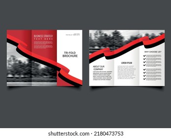 Vektor leere dreifach gefaltete Broschüren Print-Vorlage Design. Dreiseitige Broschüre mit rotem Band. Werbeschrift.