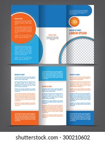 Vector empty tri-fold brochure print template design, trifold bright blue booklet or flyer