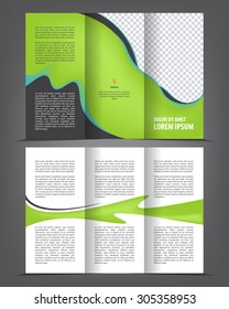 Vector empty tri-fold brochure print template design, trifold bright green booklet or flyer