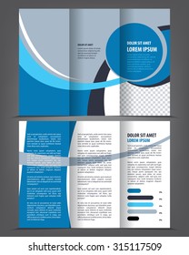 Vector empty tri-fold brochure print template design, trifold bright blue booklet or flyer