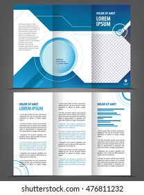 Vector empty tri-fold brochure print template design, trifold bright blue booklet or flyer