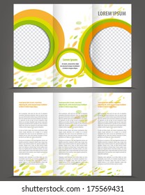 Vector empty trifold brochure template design with green and orange elements