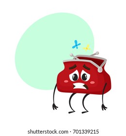 Vector empty wallet, purse character flat illustration isolated on a white background. Expressive emotional sad wallet with no money insede with speech bubble