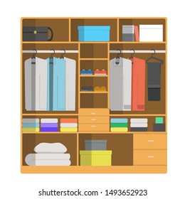 Vector of empty wardrobe, regular wardrobe clothes, used for interior setup, furniture. Natural wooden furniture in flat style.