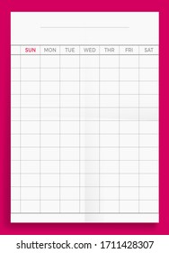 Vector empty weekly planner A4 format paper on pink background