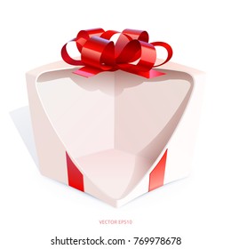 Vector empty white gift box with a red foil curly bow. Realistic 3d original object with a cut side to show any inner contents of the package. Oblique section uncovers the inside of a paper container.