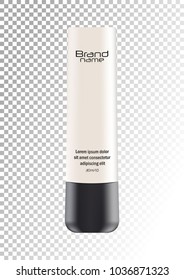 Vector empty white package with black lid for cosmetic products tube for concealer,cream,foundation. Realistic mockup of plastic container with brand name isolated on white-transparent background.