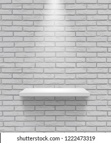 Vector empty white shelf isolated on gray brick wall background