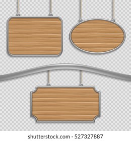 Vector empty wooden hanging signs isolated.