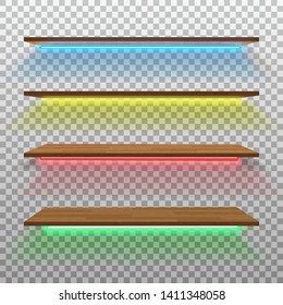 Vector empty wooden shelf with neon lamps isolated on checkered background