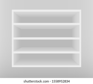 Estantes de madera vectorial vacías aisladas en el fondo de la pared. Estante para libros. Librería. Educación.Escuela. Ilustración del vector EPS10