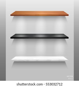 Vector Empty Wooden Shelves Isolated on Wall Background