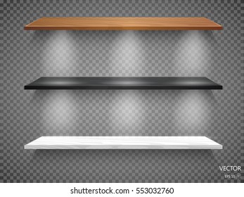 Vector Empty Wooden Shelves Isolated on Wall Background