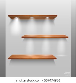 Vector Empty Wooden Shelves Isolated on Wall Background