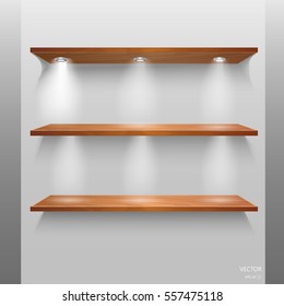 Vector Empty Wooden Shelves Isolated on Wall Background