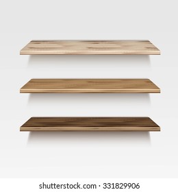 Vector Empty Wooden Wood Shelf Shelves Isolated On Wall Background