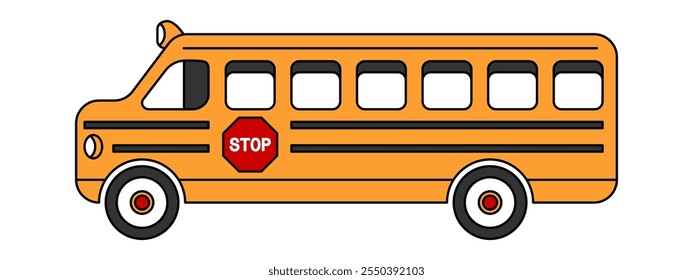 Vector Empty Yellow School Bus Design. Back to School Illustration. Left Side View with Stop sign.