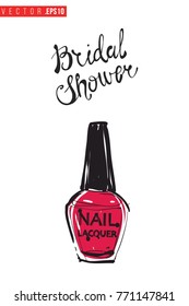 Vector enamel with motivational text: bridal shower. Fashion accessory illustration in glamour style for beauty salon, shop, blog print. Isolated symbol on white background.