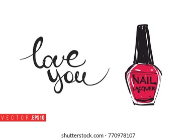 Vector enamel with motivational text: love you. Fashion accessory illustration in glamour style for beauty salon, shop, blog print. Isolated symbol on white background.