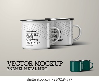 Modelo de copo de metal esmaltado vetor com alça, composição de canecas, copo branco, verde para design. Caneca de ferro mockup, isolado no fundo. Conjunto de ilustrações para publicidade em uma loja de turismo, viagens