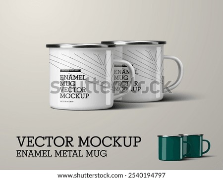 Vector enameled metal cup template with handle, mugs composition, white, green cup for design. Iron mug mockup, isolated on background. Set of illustrations for advertising in a tourism store, travel