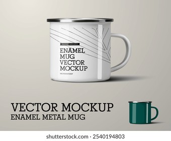 Vector enameled metal mug mockup, white, green cup for design, branding, pattern, print. Iron mug template with handle, isolated on background. Advertising illustration