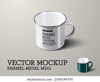 Modelo de caneca de metal esmaltado vetor com alça, borda espelho, vista superior, branco, copo verde para design, marca. Ilustração para publicidade em loja de turismo. Montagem de copo de ferro, isolado no fundo