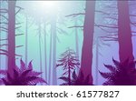 vector enchanted forest in cool colors. Lots of ferns in the foreground with sun shining through the canopy