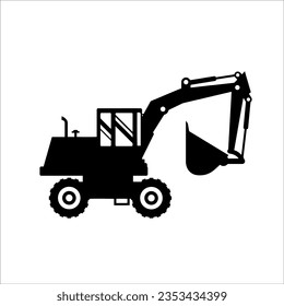 Vector end loader vehicle. Silhouette of bulldozer, digger, quarry machine. Backhoe front loader truck, stone wheel. Work excavator, tractor. Modern flat illustration, isolated.