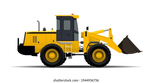 vector end loader vehicle. Yellow bulldozer, digger, quarry machine. Backhoe front loader truck, stone wheel.  Work excavator,  tractor. Modern flat illustration, isolated.
