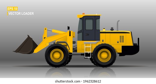 vector end loader vehicle. Yellow bulldozer, digger, quarry machine. Backhoe front loader truck, stone wheel. Work excavator, tractor. Modern flat illustration.