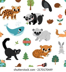 Vector endangered species seamless pattern. Cute extinct animals repeat background. Funny digital paper for kids with amur leopard, blue whale, black lemur, polar bear, panda
