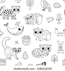 Vector endangered species seamless pattern. Cute extinct animals repeat background. Funny digital paper for kids with amur leopard, blue whale, black lemur, polar bear, panda
