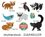 Vector endangered species set. Cute extinct animals collection. Funny illustration for kids with amur leopard, blue whale, black lemur, polar bear, panda, forest ibis. Nature protection concept
