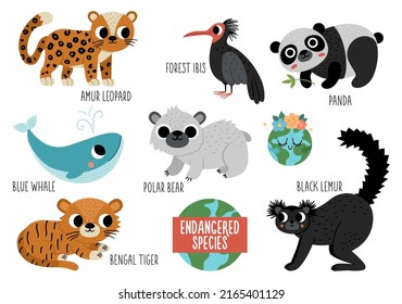 Vector endangered species set. Cute extinct animals collection. Funny illustration for kids with amur leopard, blue whale, black lemur, polar bear, panda, forest ibis. Nature protection concept
