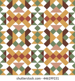 Vector endless abstract pattern in yellow, green, brown and white colors. Background of triangles and squares. Mosaic texture for wrapping paper, textile, wallpaper design, book cover, clown
