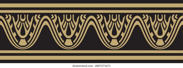 Vector endless Assyrian gold and black ornament. Seamless border, Mesopatamia frame. Pattern of the ancient East.
