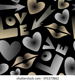 Vector endless backdrop in beige colors for fabric or wrapping. Seamless pattern with lipstick kisses, cupid's arrow, love text and hearts on a black background.