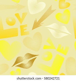 Vector endless backdrop in beige and yellow colors for fabric or wrapping. Seamless pattern with lipstick kisses, cupid's arrow, love text and hearts.