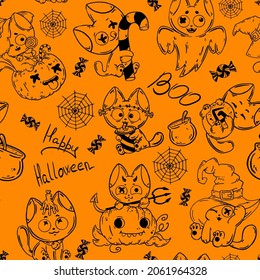 Vector endless background for halloween holiday. Orange color with cat silhouettes, pumpkins, cobwebs, ghosts, candy and text. The nature of the holidays of the animals.