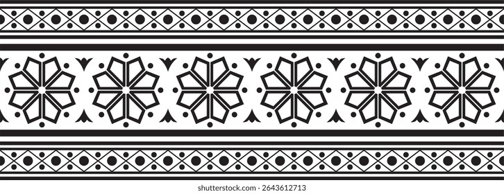 Vector endless black monochrome ancient Russian ornament. Seamless Slavic border, frame. Painting of the royal chambers.
