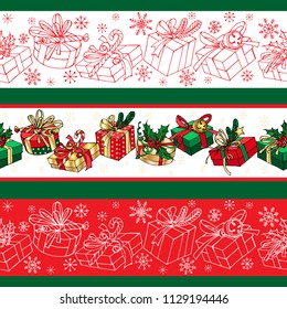 Vector endless christmas lines with snowflakes and gift boxes. 