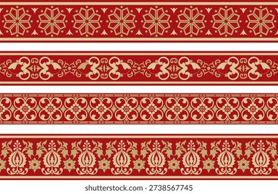 Vector endless gold and red ancient Russian ornament. Seamless Slavic border, frame. Painting of the royal chambers.
