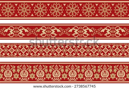 Vector endless gold and red ancient Russian ornament. Seamless Slavic border, frame. Painting of the royal chambers.
