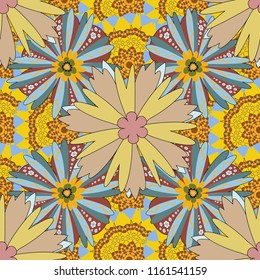 Vector endless illustration of blue, yellow and brown flowers. Abstract floral seamless pattern for wallpaper, website or textile printing.