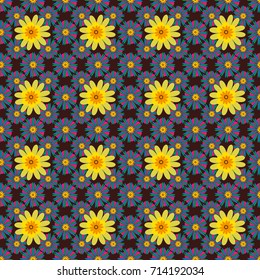 Vector endless illustration of yellow, blue and brown flowers. Abstract floral seamless pattern for wallpaper, website or textile printing.