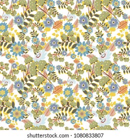 Vector endless illustration of yellow, green and blue flowers. Abstract floral seamless pattern for wallpaper, website or textile printing.