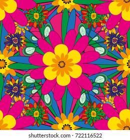 Vector endless illustration of yellow, green and magenta flowers. Abstract floral seamless pattern for wallpaper, website or textile printing.